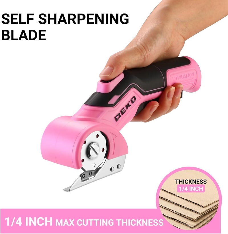 DEKOPRO Cordless Electric Scissors Cardboard Cutter: 4V 2000mAh Electric Box Cutter, Rechargeable Power Rotary Cutter with Safety Lock, 389g Carpet Cutter with 2 Blade, Type-C Charging(Pink) - Image 4